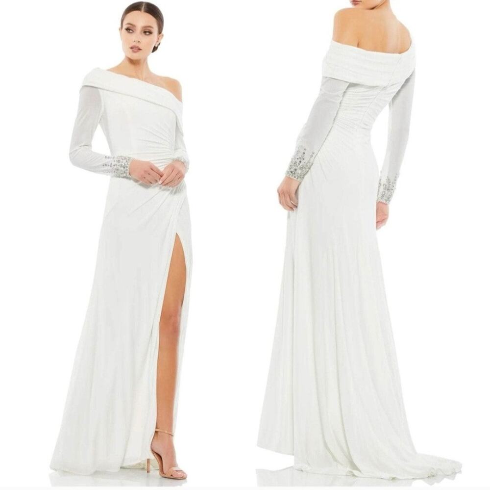 Mac Duggal 12231 White Beaded Cuff Drop Shoulder Faux Wrap Gown Dress Size 0